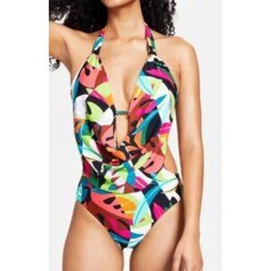 Bar III Tropical Dreams Multicolor Halter Cowl Neck One Piece Swimsuit XS